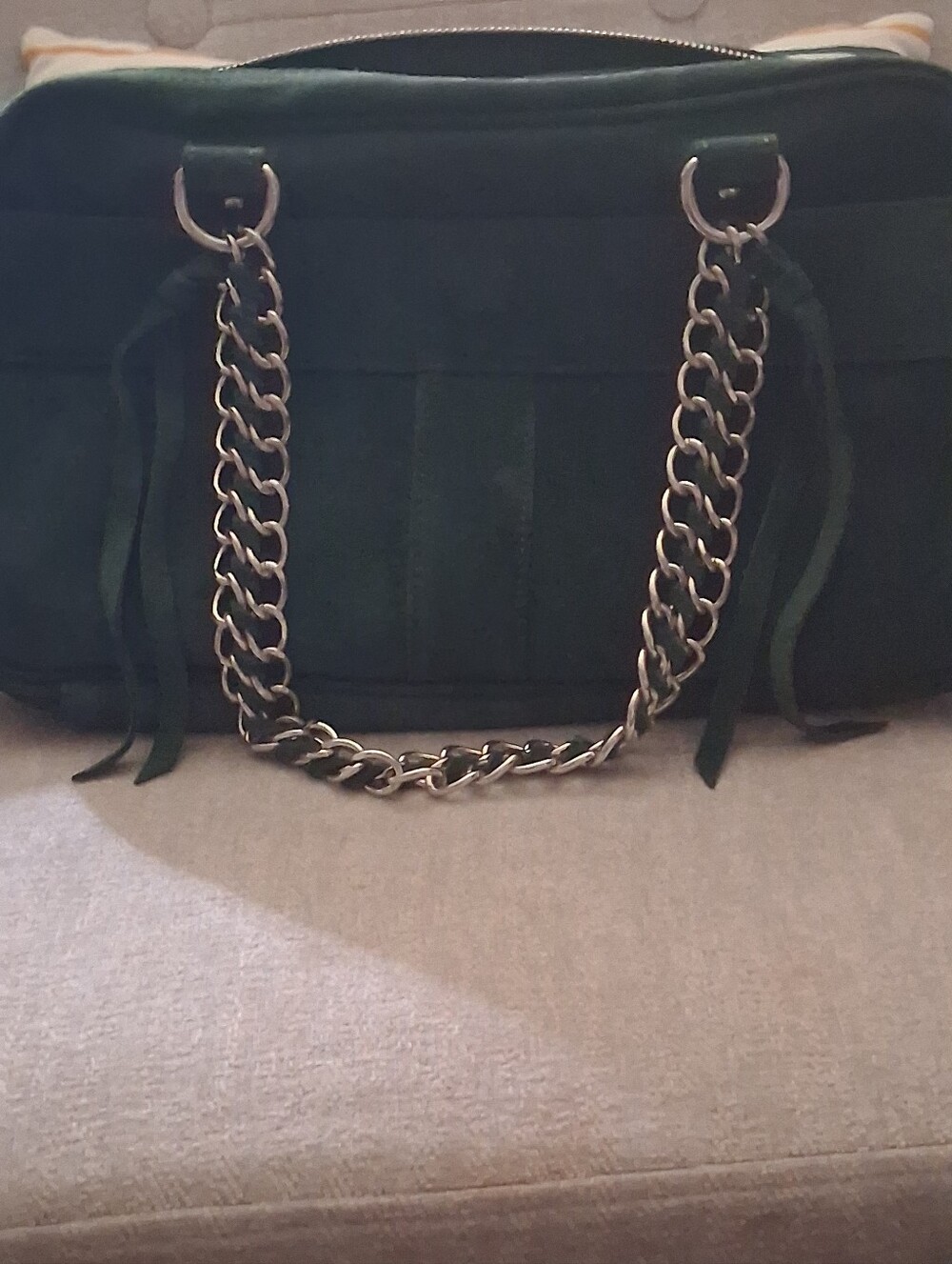 Dark Green Suede Shoulder Bag with Chain Straps